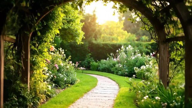 Garden path under an arbor with sunlight.