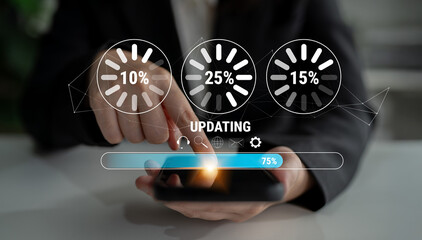 A concept of a system update and software installation. A progress bar and loading icons showing the update percentage and status. Motif