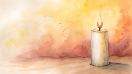 Scented candle glow abstract in soft watercolor style, warm neutral gradients on Bright White background, Mother’s Day symbol of nurturing comfort with copy space  