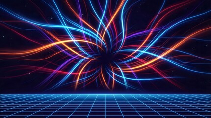 Vibrant abstract neon energy swirl with dynamic light trails emerging above futuristic grid surface in cosmic digital environment for modern design
