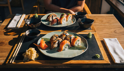 A delightful and vibrant spread of fresh sushi rolls, perfectly arranged on ceramic plates for an inviting Japanese dining experience on a sunny day