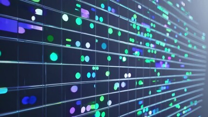 An abstract digital grid with color dots as a futuristic interface animation on a modern technology background, displaying dynamic data visualization. - Powered by Adobe