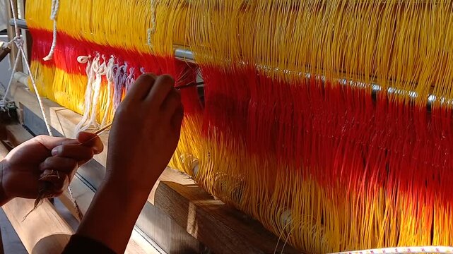Handloom weaver in India working in her loom.