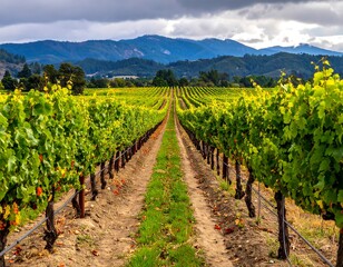 Verdant rows of grapevines leading towards majestic, distant mountains