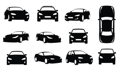 a collection of black silhouette car outlines displayed in various perspectives including front side and top views showcasing automotive design elements high quality professional detailed