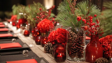 Elegant Holiday Table Setting with Red Flowers, Pine Cones, and Greenery for Seasonal Celebration or Event Decoration