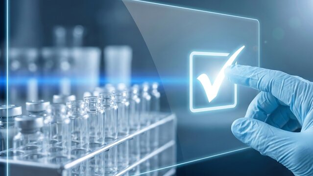 Gloved Hand Inspecting Medicine Package for FDA Quality Control and Assurance