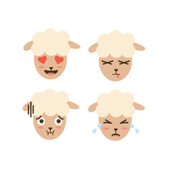 Cute set of cartoon sheep faces with various emotions. Adorable farm animal icon expressing love, sadness, illness, and anger. Sweet vector avatar collection.
