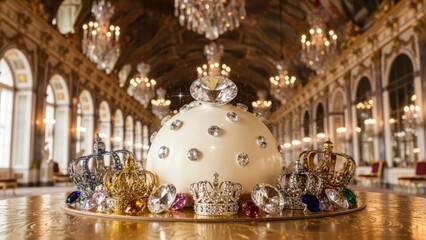 Opulent display of jeweled crowns and a large diamondencrusted centerpiece in a grand, ornate hall with crystal chandeliers