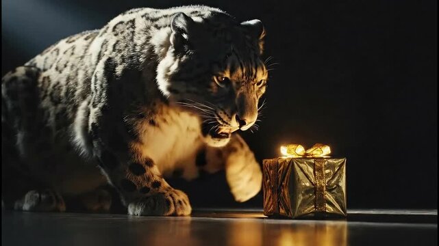 Snow leopard curiously inspecting a golden gift box in a dimly lit environment with shadows