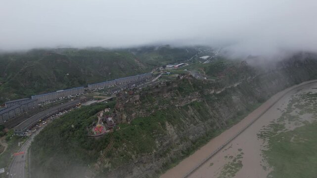 Shenmu Gansu Mountain Aerial View with River and Misty Peaks
