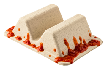 Used disposable cardboard food holder stained with tomato sauce isolated on transparent background