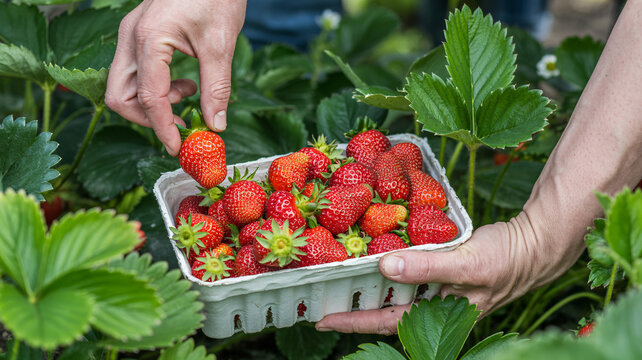 Close-up of hands picking fresh ripe strawberries from green plants and placing them into a white punnet during harvest season.