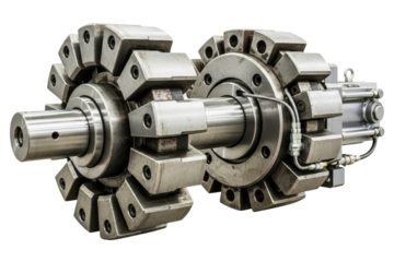 Heavy-duty industrial pneumatic clamping chuck for metalworking isolated on transparent background
