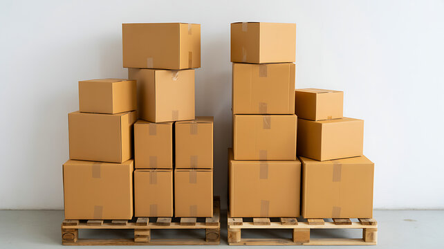 Cardboard boxes stacked on pallets against white wall
