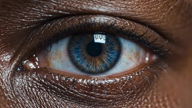 Human blue eye in extreme close-up, iris details shifting as the pupil slowly opens in smooth slow motion, creating a dramatic, high-clarity 4K macro visual effect