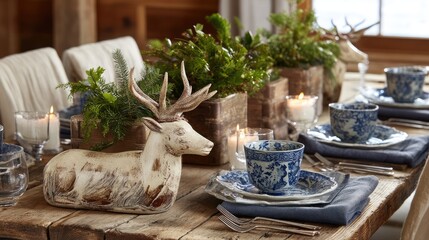 Rustic holiday table setting with decorative deer, plants, blue pottery, candles, and wooden accents for cozy dining experiences