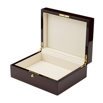 Luxurious high gloss dark wood keepsake box with cream satin interior and gold hardware open on a transparent background