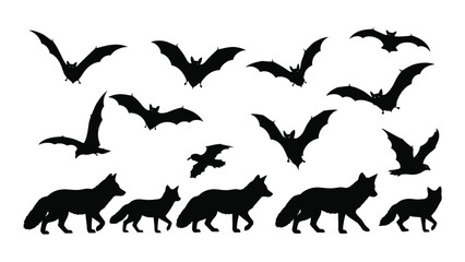 A collection of bats and wolves in dark silhouette