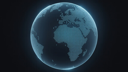 A digital rendering of a glowing blue Earth globe showing continents like Africa and Europe against a dark background, representing global connectivity.