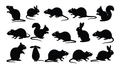 Collection of rodent silhouettes displaying various poses and animal forms silhouette