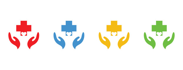 Hands Holding a Medical Cross Symbol, Set of Four Health Care Icons with Hearts