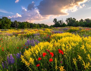 Vibrant meadow of wildflowers under a cloudy sky at sunset
