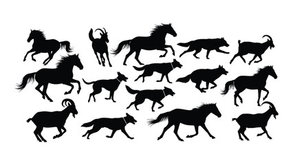 Collection of running horses goats and dogs in black silhouette
