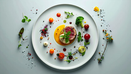 A beautifully plated gourmet dish displays perfectly seared meat, vibrant vegetables, and a delicate sauce, artfully arranged on a pristine white plate.