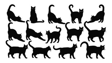 Collection of black cat poses in various dynamic forms silhouette