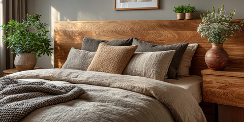 Cozy bedroom with wooden headboard and soft bedding in a warm, inviting atmosphere