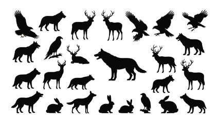 A diverse collection of animal silhouettes including deer wolves and birds silhouette