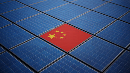 China's flag integrated into a grid of blue solar panels, symbolizing the country's significant role in renewable energy and solar power development.