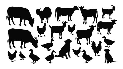 A collection of farm animals in black silhouette