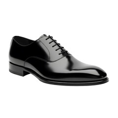 Classic black patent leather oxford dress shoe for formal wear on a transparent background
