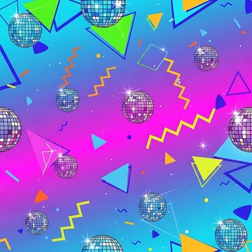 Retro 80s Dance Party Seamless Pattern with Disco Balls and Geometric Shapes on a Gradient Background