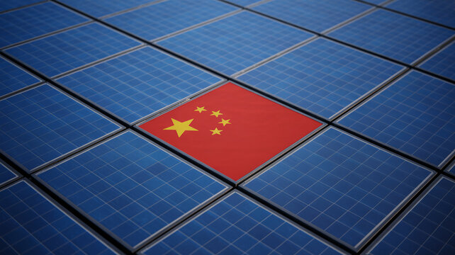 China's flag integrated into a grid of blue solar panels, symbolizing the country's significant role in renewable energy and solar power development. - Powered by Adobe