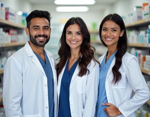 Three smiling pharmacists in white coats stand together in pharmacy. Diverse professionals offering health care service, advice. Friendly faces show teamwork, dedication in workplace.