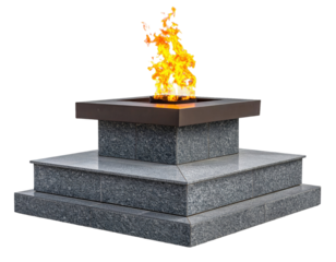 Eternal monument with burning flame rising from central stone structure showing vivid light and detailed memorial elements isolated on white background