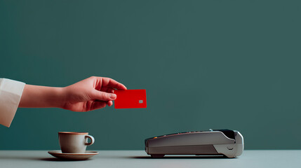 A person's hand tries to pay for a coffee with a red paper heart instead of a credit card; a concept of saving for Valentine's Day