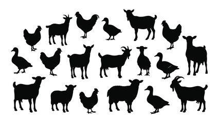 A collection of farm animal silhouettes including goats chickens and ducks silhouette