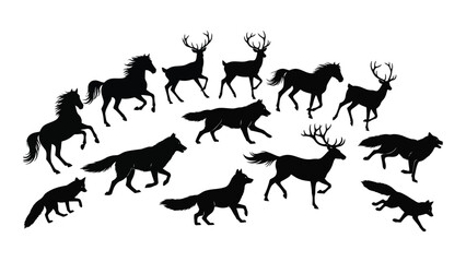 A collection of wild animals including horses deer and wolves silhouette