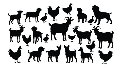 A collection of farm animal silhouettes including goats dogs and chickens silhouette