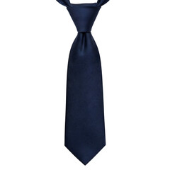 Classic navy blue textured silk necktie knotted neatly on a transparent background