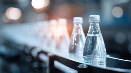 Bottles of water are lined up on a conveyor belt inside a beverage factory, showcasing the production process and industrial environment