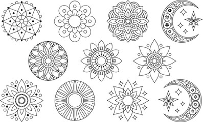 Collection of black and white mandala and celestial line art designs