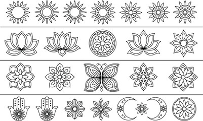 Collection of black and white ornamental line art icons