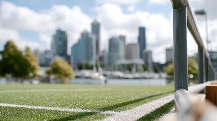 Soccer stadium with vibrant green turf and modern city skyline in the background, showcasing urban sports culture and recreational activities