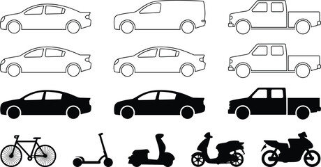 Collection of black and white vehicle outlines and silhouettes