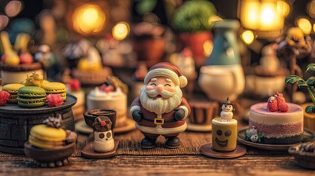 Cheerful Santa Claus Figurine Surrounded by Delightful Holiday Treats and Festive Decorations